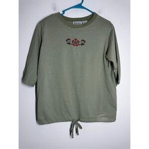 Vintage Jaclyn Smith Sport Striped Tie Hem Shirt Floral Embroidery Size M Green